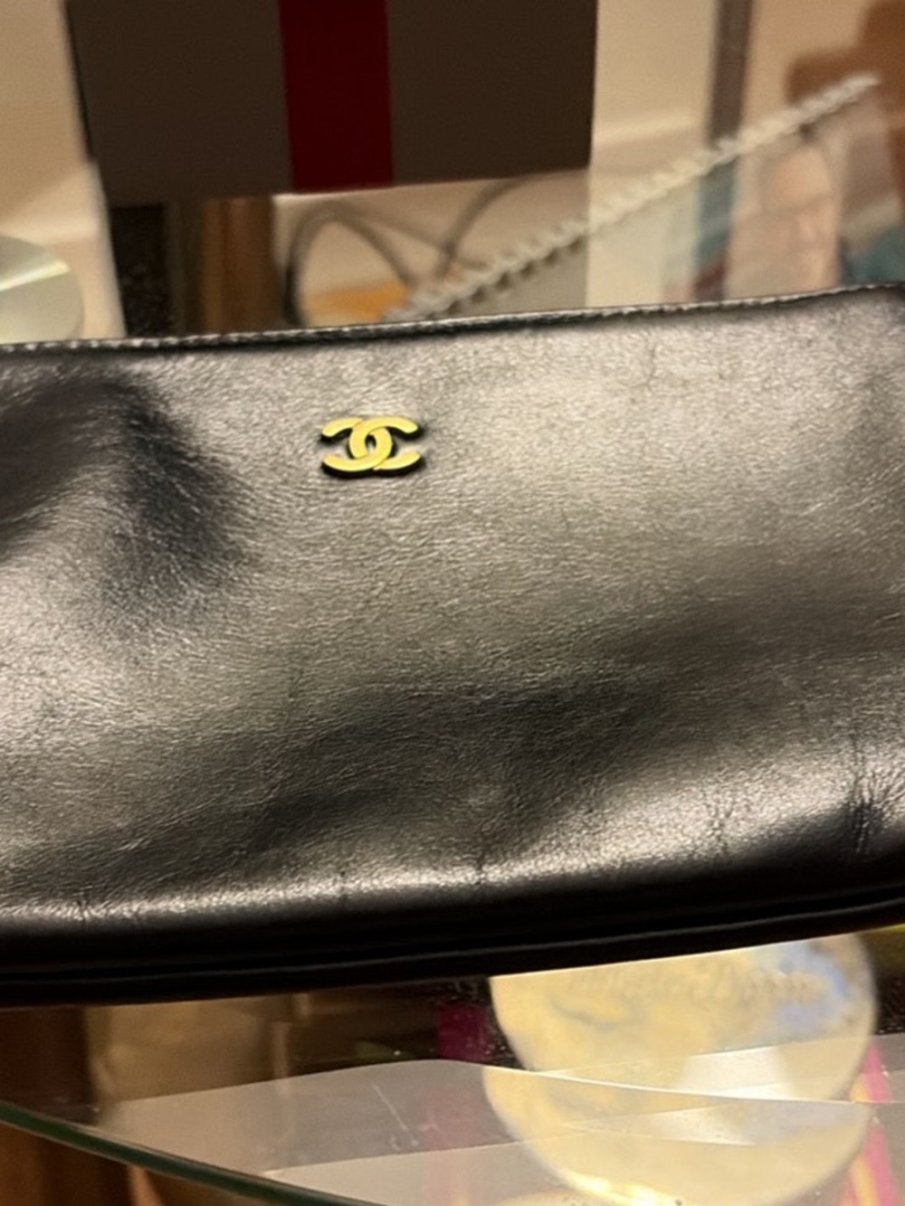 CHANEL Black Leather Clutch with Gold Double Cc Logo